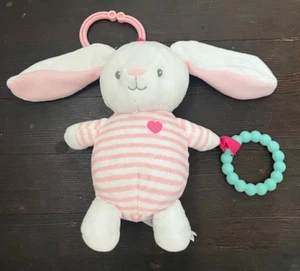 Carters Plush Pink Bunny Baby Toy Striped Heart Aqua Teether Ring Clip Music - Picture 1 of 4