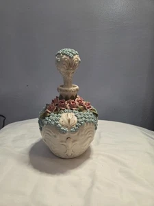 Vintage Reina Califa? Bone China Perfume Bottle Forget Me Not Flowers W/ Stopper - Picture 1 of 11