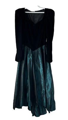Vintage 80s Womens Medium Taffeta Velour Puff Sleeve Bow Prom Dress Holiday - Image 1 of 4
