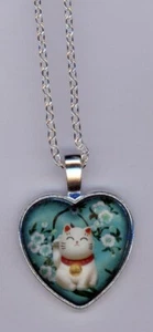 Bolla a Forma di Cuore Ciondolo Con / Grbl Retro Gatto Bianco, Fiori W/Catenina - Foto 1 di 2