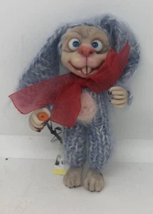 Vintage Creepy Blue Knit Bunny Doll Handmade Oddity Halloween 5.75” - Picture 1 of 5
