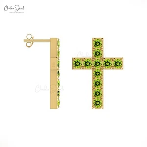 14k Gold Peridot Pave Cross Earrings August Birthstone Studs Christian Jewelry - Picture 1 of 22