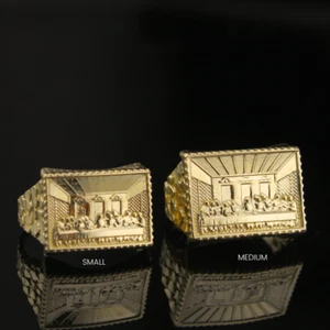 10K Solid Yellow Gold Diamond Cut Nugget Last Supper Ring Mens Ring Jesus Ring - Picture 1 of 5