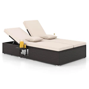 Outdoor Patio Daybed PE Wicker Double Chaise Lounge with Adjustable Backrests - Picture 1 of 10