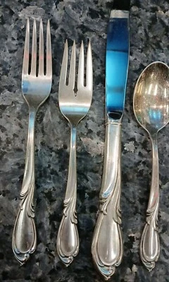 Cuchara cuchillo tenedor S/D RHAPSODY International STERLING 4 PIEZAS ajuste de lugar (2 disponibles) Foto 1 de 4