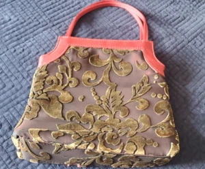 Victoria Secret Evening Bag Burgundy/Brown Cut Velvet with Red Trim and Handle - Picture 1 of 3