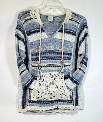 Suéter American Rag Cie Para Mujer S Azul Crema Grueso Tejido Encaje Dobladillo Boho Sudadera con Capucha Foto 1 de 4