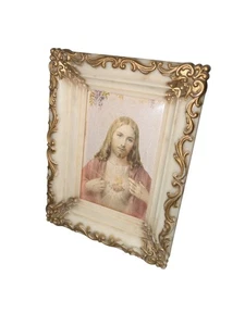 Impresiones vintage enmarcadas de plástico ornamentado de los Sagrados Corazones de Jesús - Imagen 1 de 4