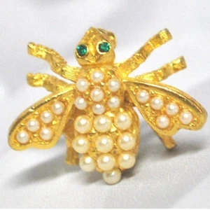 Broche Joan Rivers Little Honey Bee perlas plato dorado ojos de cristal verde - Imagen 1 de 4