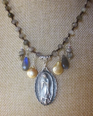 Virgin of Guadalupe Medal Labradorite Pearl Necklace Artisan Peasant Princess - Image 1 of 4