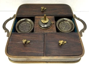 Antike chinesische Holz Messing Emaille Opium Tabak Brenner Box Caddy Tablett Foo Hunde - Bild 1 von 16