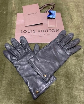 Louis Vuitton Cinco Dedos Guantes Piel de Cordero Cachemira Negro V Logo Meta... - Imagen 1 de 4