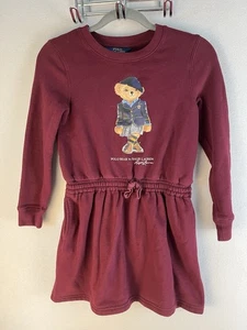 Ralph Lauren Girl’s Sweatshirt Polo Bear Fleece Dress Size Medium (8-10) Maroon - Picture 1 of 11