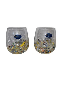 Murano White Crystal White Confetti Glass Stemless Wine Tumblers Hand Made Italy - Picture 1 of 5
