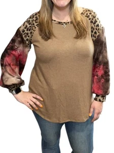 Honeyme Leopard Tie Dye Puff Sweater Brown - Picture 1 of 13