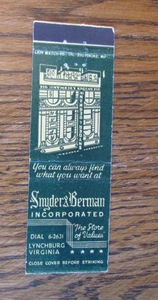 SNYDER & BERMAN DEPARTMENT STORE MATCHBOOK COVER: LYNCHBURG, VA MATCHCOVER -A23 - Picture 1 of 2