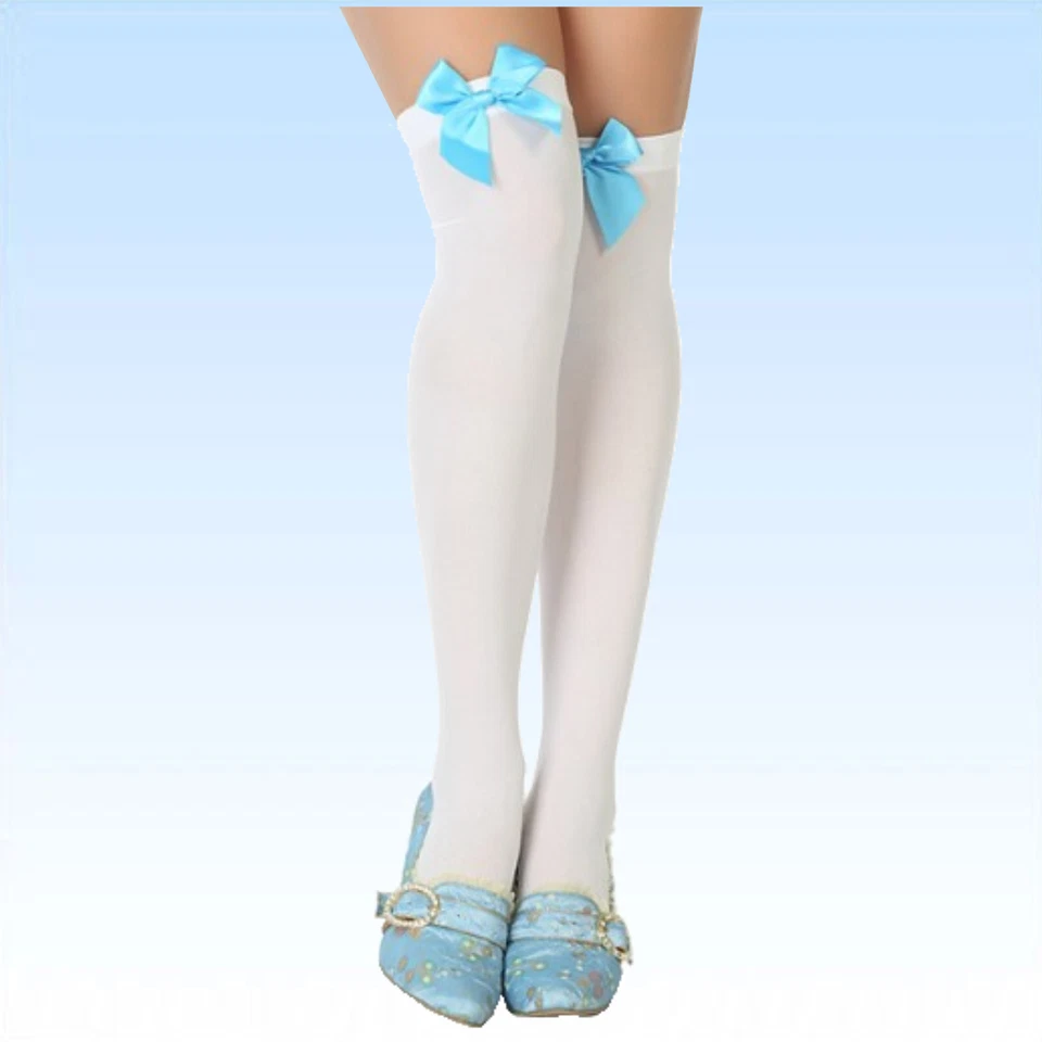 Kniestrümpfe mit Schleife weiß / blau Überknie Overknee Strümpfe Feinstrümpfe - Bild 1 von 1