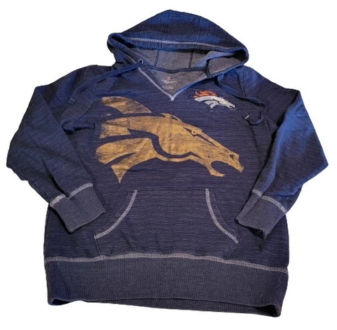 Denver Broncos Hoodie Womens Large Blue Pullover Sweatshirt Pocket Logo Cover
