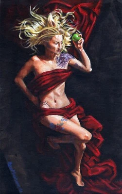 Beautiful Blonde Tattooed Female. Original Canvas Sketch Painting signed Framed - Image 1 of 4