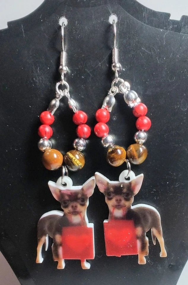 Cute Valentine's Day Stone Beaded Chiwauwa Earrings - Image 1 of 1