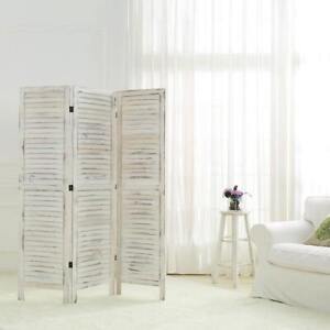 Whitewashed Wood 3 Panel Screen, Folding Louvered Room Divider