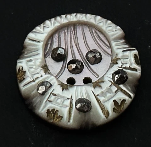 Rare Sm Antique Carved Face ? MOP Shell Button w/Cut Steels #1215 Cover