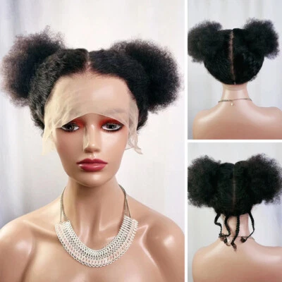 Fashion Afro Curly Full Lace Human Hair Wigs Pre Plucked with Two Buns  - Image 1 of 4