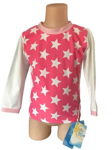 BNWT Girls Size 4 White Soda Brand Pink White Star Long Sleeve Rash Vest UPF 50+ - Picture 1 of 2