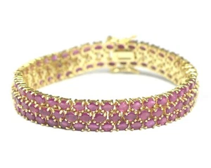 Natural Ruby Gemstone 14K Gold Plating 925 Silver Tennis Three Line Bracelet - Picture 1 of 4