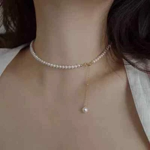 18K Solid Yellow Gold Necklace Natural Freshwater Pearl Bead Beautiful Choker - Picture 1 of 6