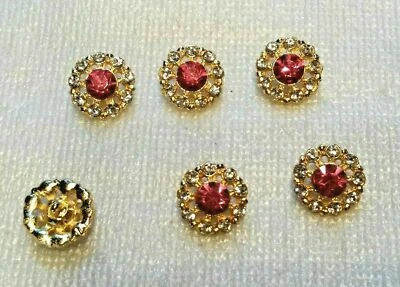 6 gold-tone & PINK rhinestone buttons, 7/8", shank, scalloped edge - Image 1 of 3