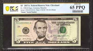 2017A $5 FEDERAL RESERVE NOTE CLEVELAND FR.1998-D PCGS UNC 65 RADAR SERIAL (521A - Picture 1 of 2