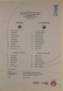 2007/08 Copa de la UEFA Aberdeen v FC Copenhague hoja de equipo en color oficial 20/12/07 - Imagen 1 de 1