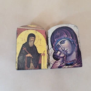 2 Zoll Holz geschnitzt Taschenschrein Diptychon Christus, Virginia Maria und ? - Bild 1 von 4