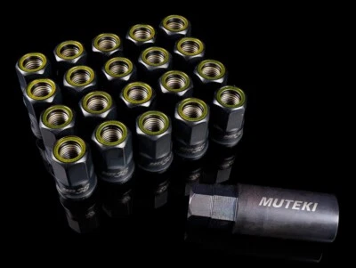 Muteki HR38 Open End 38mm Lug  Nuts 12x1.50 Black with Yellow Ring HR3806BY - Image 1 of 2