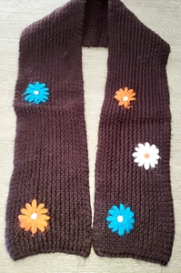 girls DARK BROWN KNIT WINTER SCARF flowers on it 42 INCH LONG X 5 INCH warm! - Picture 1 of 1