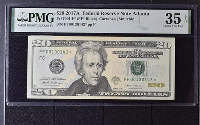 2017A $20 Federal Reserve Note Bill - Fr#7001-F*, PF* Block - PMG Graded 35 - Image 1 of 2