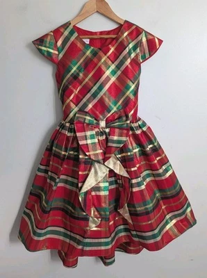Bonnie Jean Girls 8 Festive Dress Red Green Gold Plaid Taffeta Christmas Bow  - Image 1 of 4