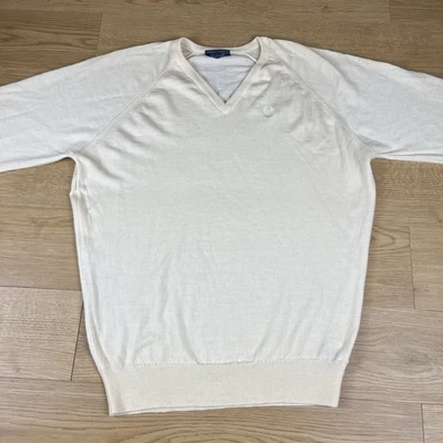 Fred Perry Vintage V-Neck Jumper 100% Lambswool Cream Knit Retro Made in UK XL - Image 1 of 4
