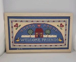 VTG "Welcome Friends" Needlepoint Wall Hanging Prof. Framed 90s Cottage Decor - Picture 1 of 9