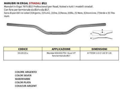 Manubrio argento in ergal diametro 22 DUCATI MONSTER 600 620 750 GUZZI V7 - Immagine 1 di 4