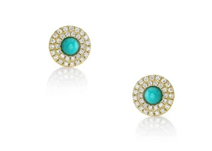 14K Yellow Gold Diamond Turquoise Stud Earrings 0.41 CTW Timeless Elegance - Picture 1 of 6