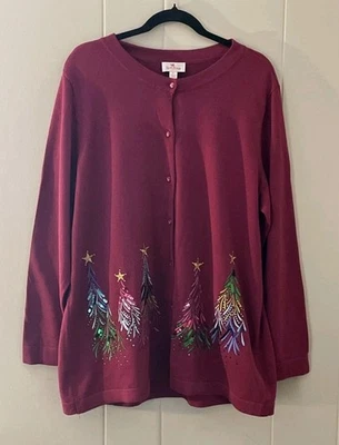 Quacker Factory Christmas Sweater Cardigan XL Christmas Trees Sequins Embroidery - Image 1 of 4