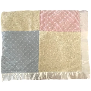 First Impressions Plush Patchwork Baby Blanket Unisex Blue Pink Yellow Satin - Picture 1 of 4