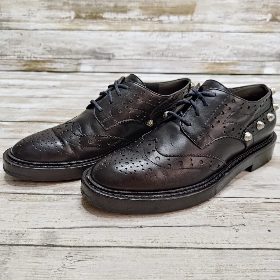 Balenciaga Woman’s Black Leather Studded Wingtip Brogues Size 7 US - Image 1 of 4
