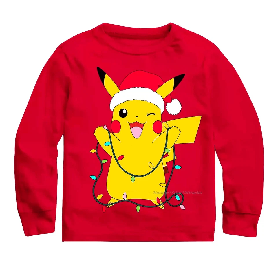 Camisa de Navidad Pokemon Talla 4 5 6 Niños Niño Niña Camiseta Vacaciones Santa Sombrero Pikachu Foto 1 de 1