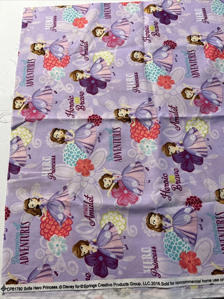 Disney Sofia The First Hero Princess 100% Cotton Fabric Sewing Purple 1/2 Yard - Image 1 of 4