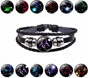 Men Women Leather Luminous 12 Horoscope Zodiac Birth Sign Wristband Bracelet - Picture 1 of 21