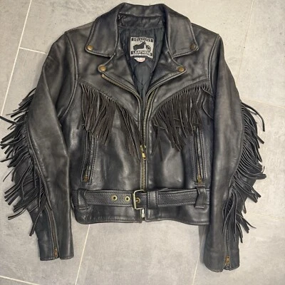 Vintage 1980s California Creations Black Leather Fringe Motorcycle Jacket Sz 8 - Image 1 of 4