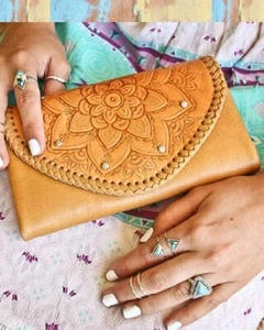 Mahiya Sahara Long Wallet Leather Handmade Bohemian Clutch Tan BRAND NEW - Picture 1 of 9